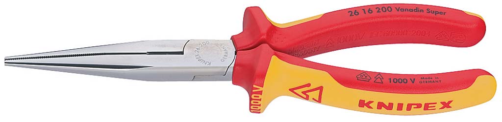 Szigetelt félkerekcsőrű fogó, hosszú csőrű 200 mm, vágóéllel 1000V, kétkomponensű nyél termék fő termékképe