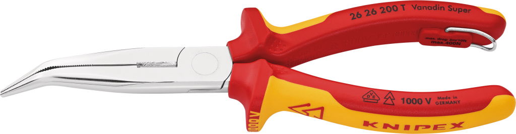 Szigetelt félkerekcsőrű fogó, hajlított, kétk.ny. 200 mm, 40°, vágóéllel, 1000V, leesés ell.bizt. termék fő termékképe