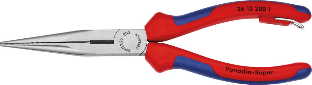 Félkerekcsőrű fogó hosszú, vágóél, kétk. nyél 200 mm, polírozott fej, leesés ellen biztosítható termék fő termékképe