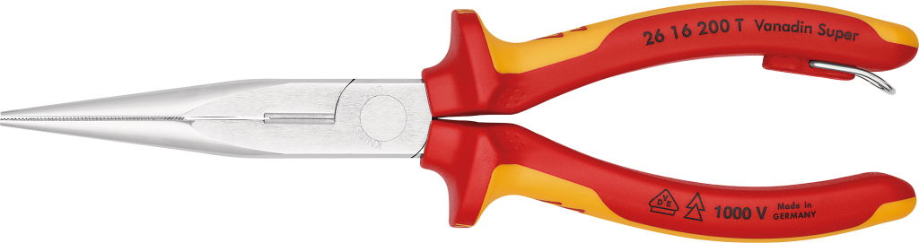 Szigetelt félkerekcsőrű fogó, hosszú csőrű 200 mm, vágóéllel 1000V, leesés ellen biztosítható termék fő termékképe