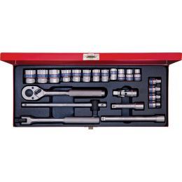 Dugókulcs készlet 3/8" 6-szögu, fém kazettában M6-22 mm, racsnis hajtókar Z=32, toldók, 22 részes termék fő termékképe