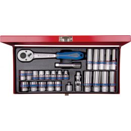 Dugókulcs+hosszú készlet 3/8" 6-szögu, fém kazetta M7-19 mm, racsnis hajtókar Z=32, 26 részes termék fő termékképe