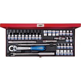 Dugókulcs+rátuzó készlet 3/8" 6-szögu, fém kazetta M6-19 mm, TX8-TX45, E4-E18, 36 részes termék fő termékképe