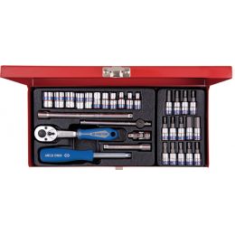 Dugókulcs készlet+rátuzo, Torx, hatszög, 1/4" M4-M13, TX8-TX30,SW3-SW10 fém kazettában 31 részes termék fő termékképe