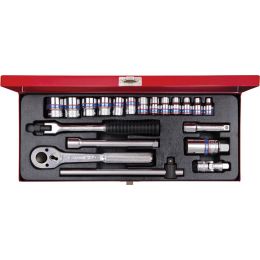 Dugókulcs készlet 3/8" 6-szögu, fém kazettában M6-23 mm, racsnis hajtókar Z=32, toldók, 20 részes termék fő termékképe