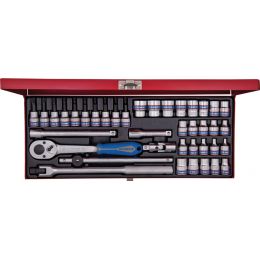 Dugókulcs+rátuzó készlet 3/8" 6-szögu, fém kazetta M6-19 mm, TX8-TX45, E4-E18, 39 részes termék fő termékképe