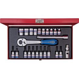 Dugókulcs+rátuzó készlet 3/8" 6-szögu, fém kazetta M6-19 mm, FL, PH, SW, hajtókar racsnis, 24 részes termék fő termékképe