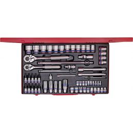 Dugókulcs készlet, fém kazettában, 1/4+3/8"+1/2" 8-32 mm, 12 szög,  62 részes, 476x282x57mm termék fő termékképe