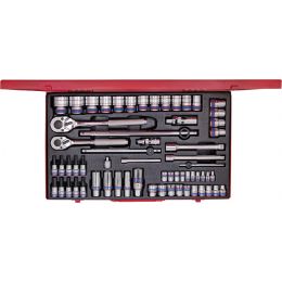 Dugókulcs készlet, fém kazettában, 1/4+3/8"+1/2" 8-32 mm, 62 részes, 12 szög, 476x282x57mm termék fő termékképe