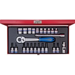 Dugókulcs készlet + rátuzo 3/8" ( fém kazetta ) 6-19 mm, PH2, PH3,  24 részes 12 szögu termék fő termékképe