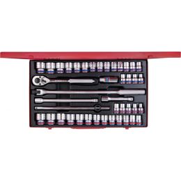 Dugókulcs készlet 1/2" metrikus, colos, 12 szög M10-32 mm, AF5/16"-1.1/4" fém kazettában, 43 rész termék fő termékképe