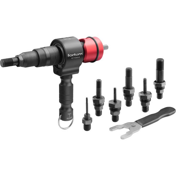 adapter  klt. fúrógéphez, POP-NUT szegecsanyákhoz, 6 db, M3-M4-M5-M6-M8-M10-M12; 8 mm (5/16") hatszög befogás, FORTUM termék fő termékképe