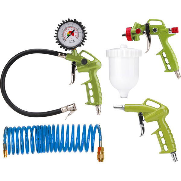 alap légkompresszor tartozék szett, 4db (lefúvató piszt. festékszóró, abroncsfúvó piszt.,spiráltömlő) 1/4" gyorscsatl. termék fő termékképe
