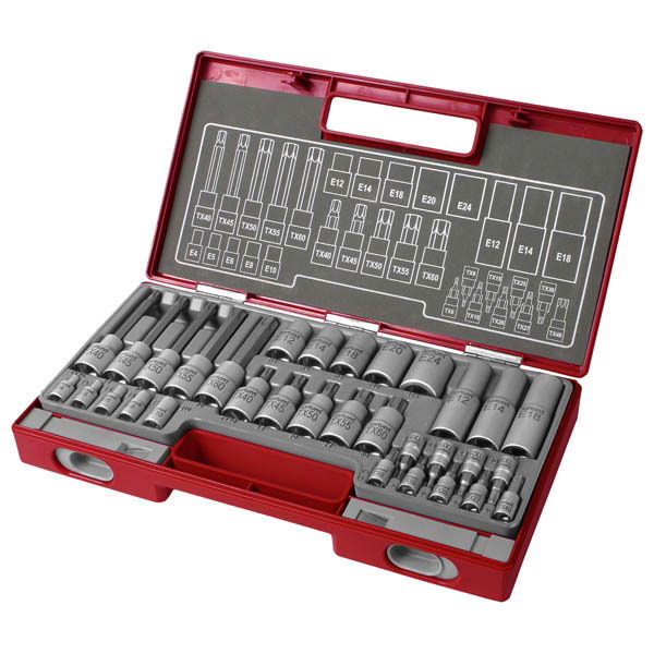 bitdugófej és dugókulcs klt. 1/4" és 1/2", TORX, 32db; 61CrV5 FORTUM termék fő termékképe