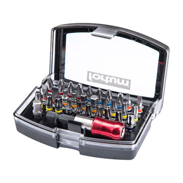 bit klt., 32db ; 1/4"×25mm bit, S2 acél (lapos,PH,PZ,Imbusz,Torx, lyukasTorx), 1db mágneses bittartó, 1 db adapter termék fő termékképe