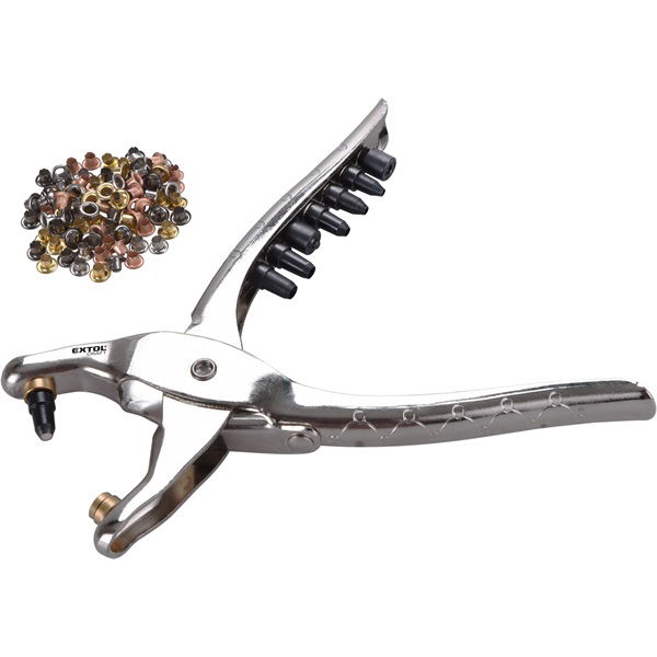 bőrlyukasztó klt.; fogó 225mm + 6 db lyukasztó fej: 2,5-3,0-3,5-4,0-4,5-5mm + 2 db szegecselő fej + 100 db szegecs termék fő termékképe