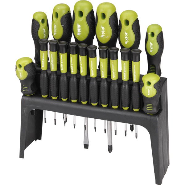 csavarhúzó klt. 18 db, CrV, mágneses, 4db lapos + 4 db PH + 10 db órás csavarhúzó, műanyag tartóval, bliszteren termék fő termékképe