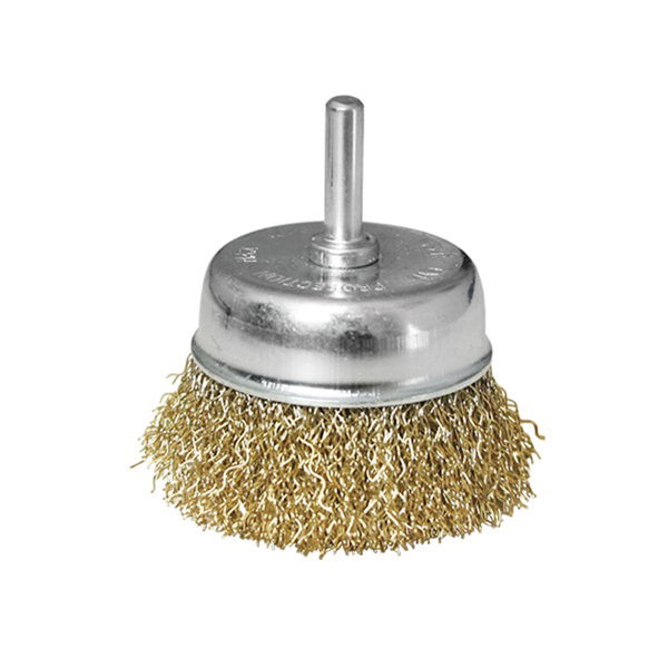 drótcsiszoló fazékkefe, csapos; 50mm, O 6mm-es csap, fúróba fogható, hullámos szálú, rezezett acél, max 4500 ford/perc termék fő termékképe