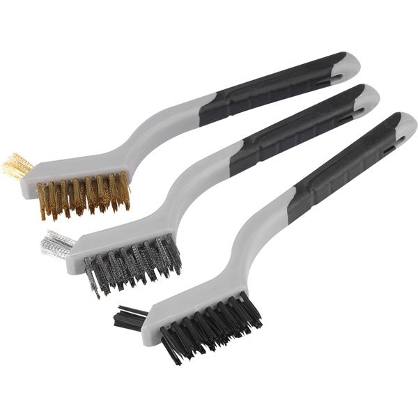 drótkefe klt., 3 db: nylon-, réz- és rozsdamentes acél szál, 3×8 sor, 180mm, kétkomponensű TPR+PP puha műanyag nyél termék fő termékképe