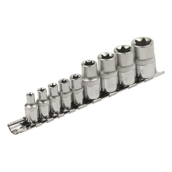 dugófej klt., E-TORX; 1/4"×5db (E5-E6-E7-E8-E10), 1/2"×4db, (E12-E14-E16-E18), tartó sínen termék fő termékképe