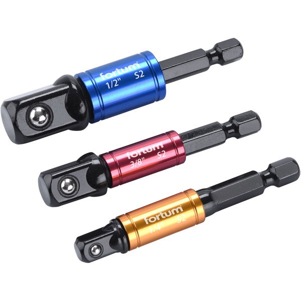 dugókulcs adapter készlet 3db-os; 1/4" - 3/8" - 1/2" dugófejekhez, fúrógépbe befogás: 1/4" hatszög, S2 acél termék fő termékképe