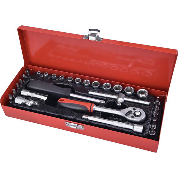 dugókulcs klt., CV., racsnis 45fog ; 1/4" 30db, normál (4-14mm) dugófejek, bitdugófej (-, +, imbusz, torx), fém doboz termék fő termékképe