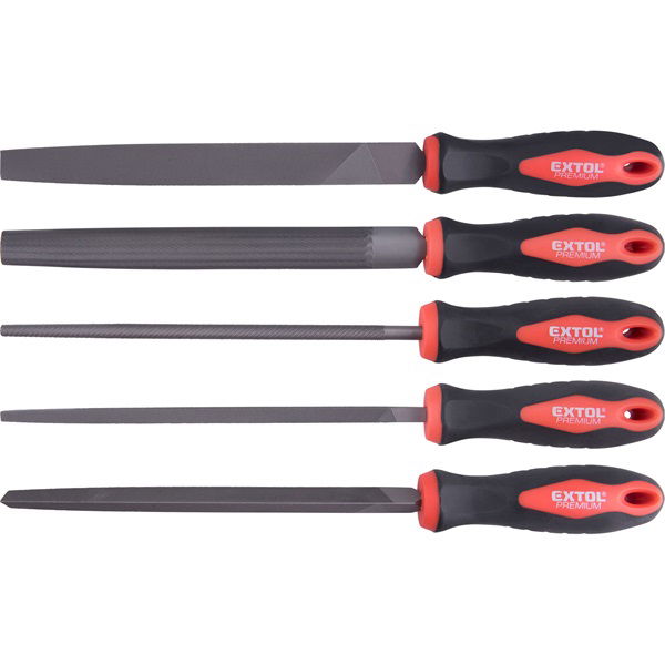 fémreszelő klt., 5 db (lapos, félkerek, kerek, háromszög, négyszög), 200mm, T12 acél,  vágat 2, finom,  TPR gumis műa. termék fő termékképe