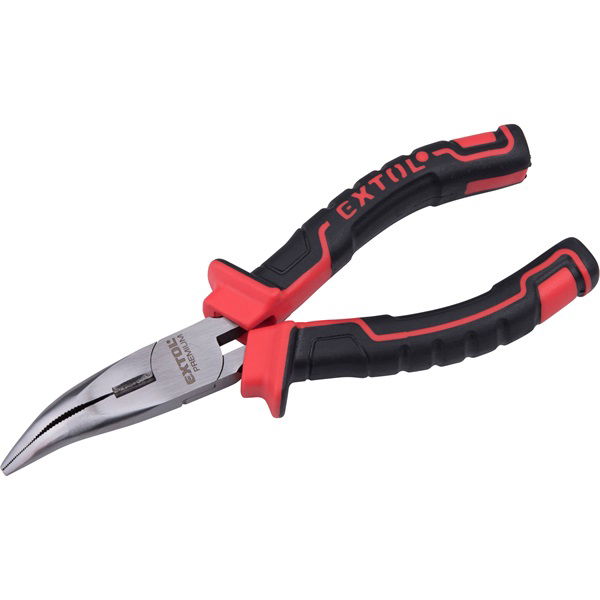 hajlított csőrű rádiós fogó; 160mm, duál  vörös/fekete, TPR nyél, akasztós szerszámtartó termék fő termékképe