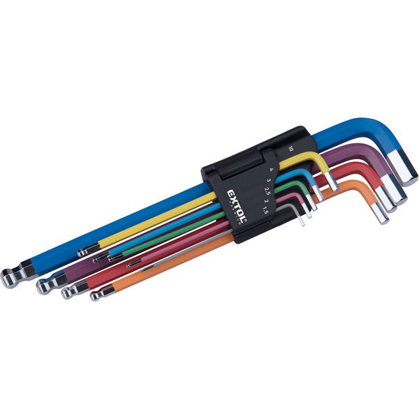 imbuszkulcs klt., 9db, HEX, több színű, extra hosszú, gömbfej, H 1,5-10mm, S2, krómozott termék fő termékképe