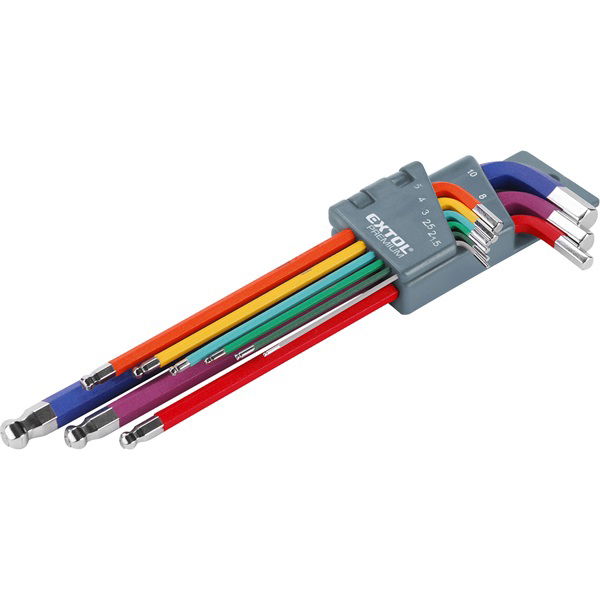 imbuszkulcs klt., 9db, több színű, extra hosszú; gömbfej, 1,5-10mm, CV., 90-230mm termék fő termékképe