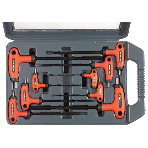 imbuszkulcs klt. 9db, gömbfejű (25° munkaszög), CV., gumírozott T-nyelű,  2, 2,5, 3, 4, 5, 6, 7, 8, 10mm, műanyag koffer termék fő termékképe