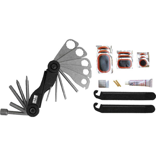 kerékpárjavító klt. 30db övrefűzhető, kulcskészlet,ragasztó+foltok, gumiszerelő termék fő termékképe