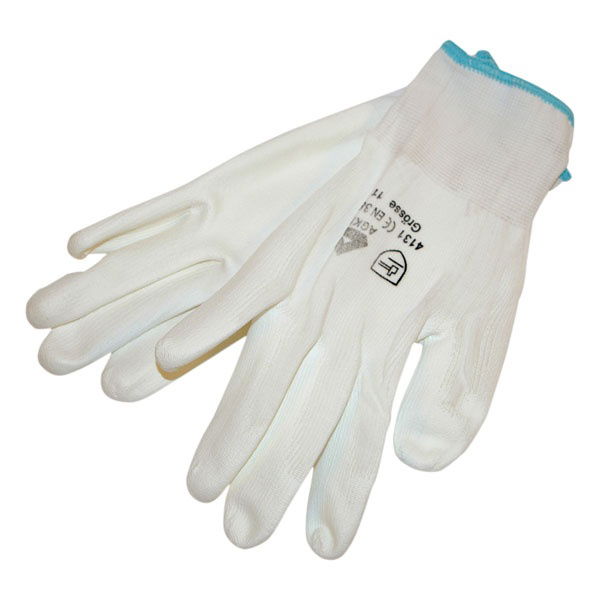 Kötött kesztyű fehér nylon, L-es méret,  9` poliuretánba mártott teny. és ujjhegy., gumírozott mandzsetta termék fő termékképe