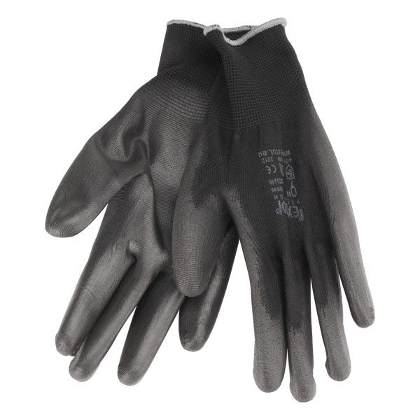 Kötött kesztyű fekete poliészter, méret: 10` poliuretánba mártott teny. és ujjhegy., gumírozott mandzsetta termék fő termékképe