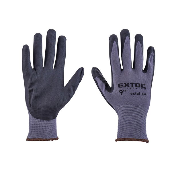 Kötött kesztyű nylon-Spandex, varrat nélküli, méret: 9` nitrilbe mártott teny. és ujjhegy, gumírozott mandzsetta termék fő termékképe
