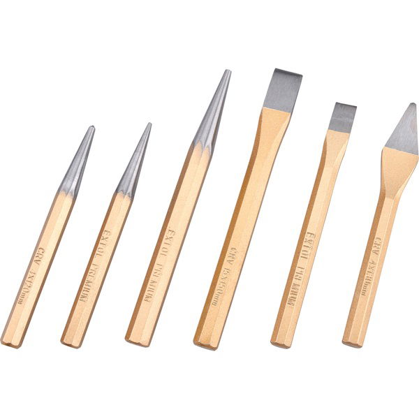 lyukasztó, pontozó és véső klt. 6db CrV. HRC 52-58 ; 1db pontozó, 2 db lyukasztó, 3 db véső, hossz.:120-150mm termék fő termékképe