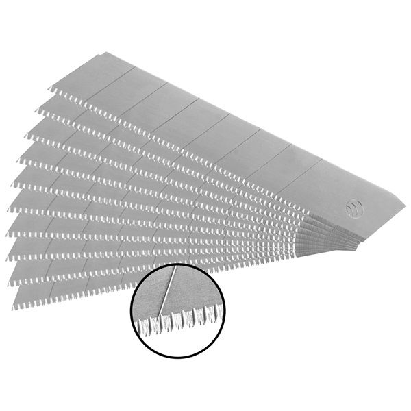 pótpenge tapétavágó késhez, 10 db, 18×100×0,5 mm, törhető, SK5 acél, HRC >64, fogazott vágóél termék fő termékképe