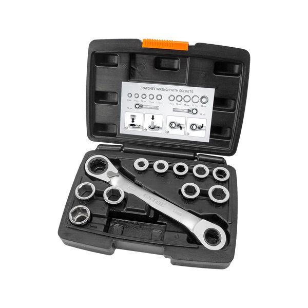 racsnis csillagkulcs klt. 11db; cserélhető betétekkel: 8-19mm CrV. 72 foggal, 2 irányú forgás termék fő termékképe