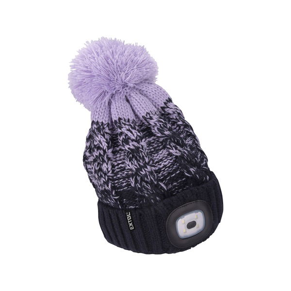 sapka, kék/lila pomponnal, kötött, kivehető LED homloklámpával, 4×45 Lumen; USB tölthető Li-ion, 3funkció (100%-75%-50%) termék fő termékképe