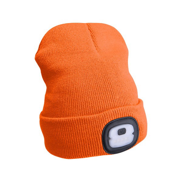 sapka, neon-narancs, kötött, kivehető LED homloklámpával, 4×25 Lumen; USB tölthető Li-ion akku, 3funkció (100%-75%-50%) termék fő termékképe