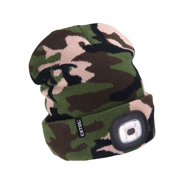 sapka, terepszínű, kötött, kivehető LED homloklámpával, 4×45 Lumen; USB tölthető Li-ion, 3funkció (100%-75%-50%) termék fő termékképe