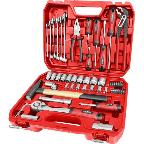 szerszám és dugókulcs klt., 55 db; 1/2" racsnis hajtókar (45 fog), dugófejek, BIT-ek, csavarhúzók, csillag-villás kulcs. termék fő termékképe
