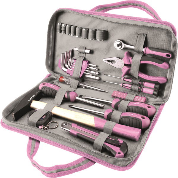 szerszámkészlet, 39db, 1/4"; Extol Lady, rózsaszín, 8 dugófej (5-14mm), fogó, csavarhúzók, kalapács, BIT-ek termék fő termékképe