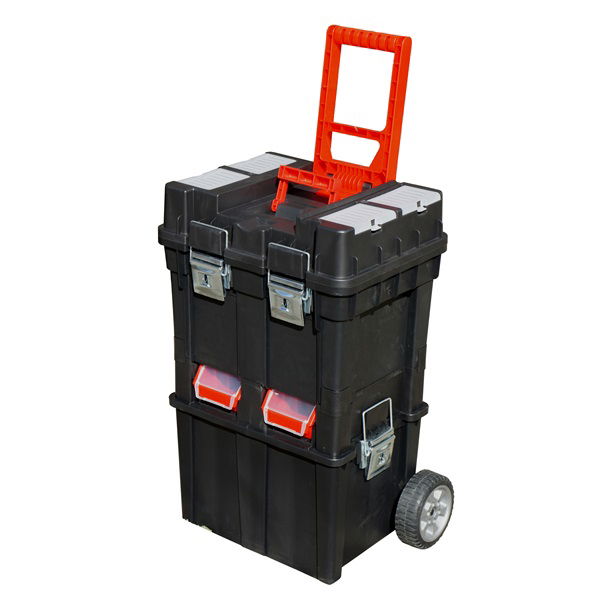 szerszámosláda  kerekes, profi erős, műanyag 495×350×712mm, fémcsatos, tálcával, fekete, lakatolható termék fő termékképe