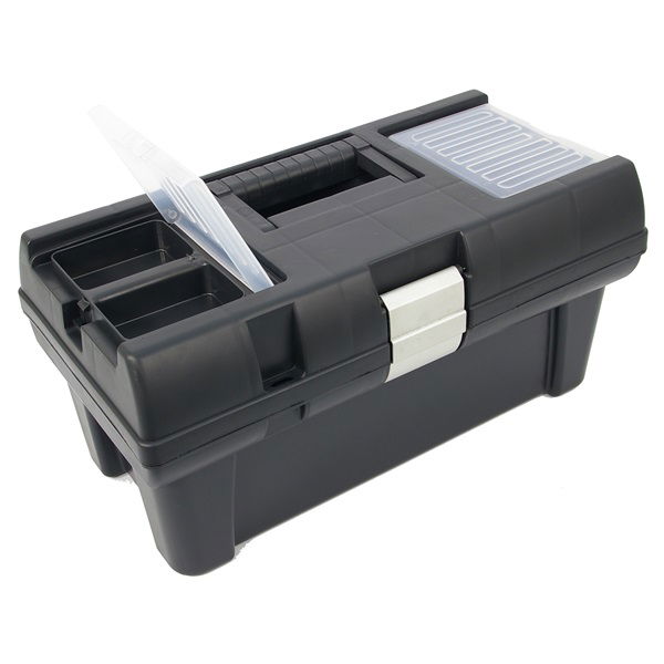 szerszámosláda, műanyag, alucsatos, tálcával, fekete, lakatolható; 16", 415×220×200mm,  rendező felül termék fő termékképe