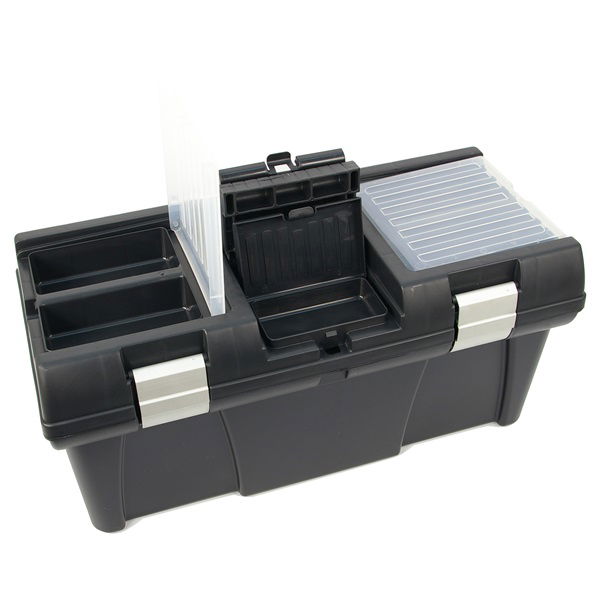 szerszámosláda, műanyag, alucsatos, tálcával, fekete, lakatolható; 20", 525×255×245mm, rendező felül termék fő termékképe